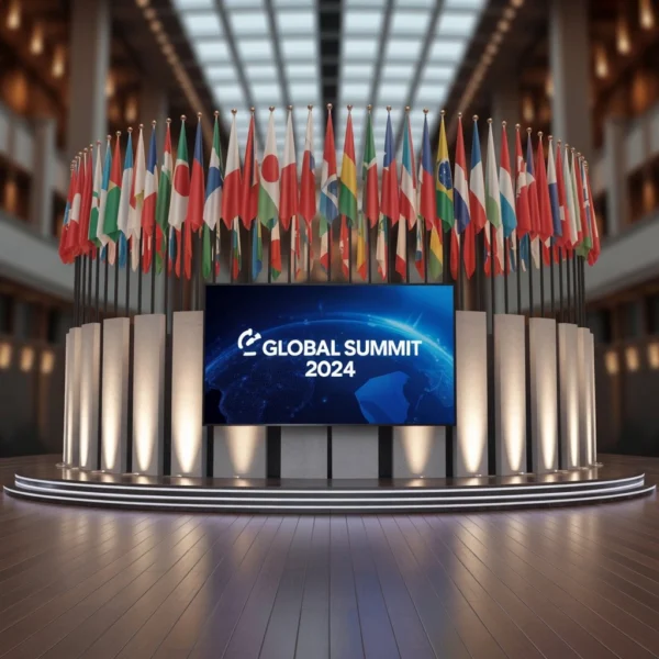 Some Indoor Poles With Flag standing in Meeting Hall