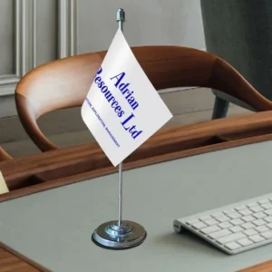Corporate table flags arranged on a meeting desk