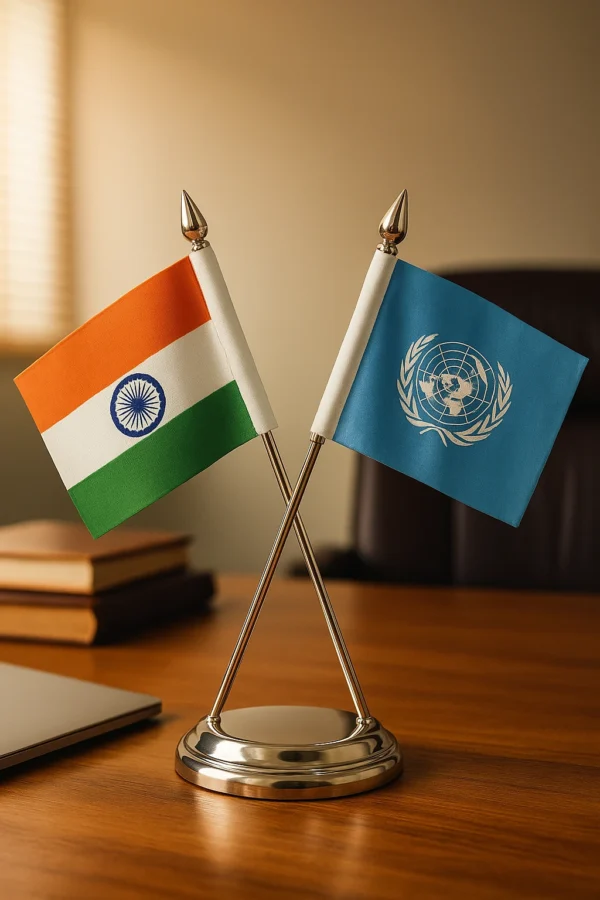 Country table flags displayed on a desk with Cross stand