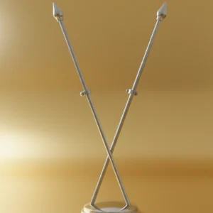 Assembled golden cross table stand for miniature flags on a yellow backdrop