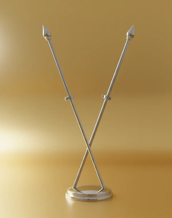Assembled golden cross table stand for miniature flags on a yellow backdrop
