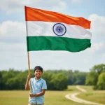 Boy holding an India hand flag waving in the wind