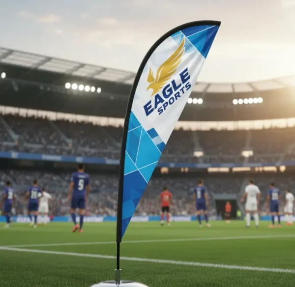 Sports flag showcased on a stand in an empty stadium