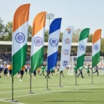 Vibrant sports flag waving at a stadium event