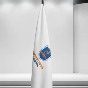 Custom school flags on stands for assembly use.