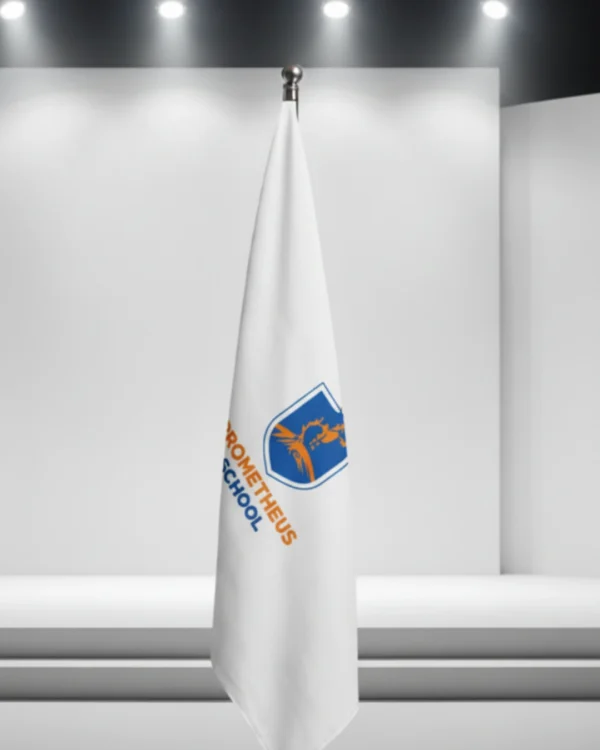 Custom school flags on stands for assembly use.