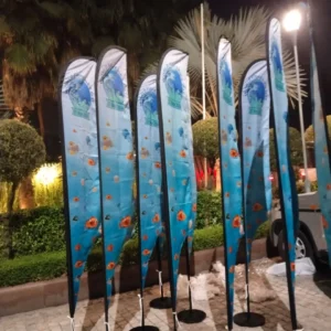 Set of outdoor flags installed outside a building