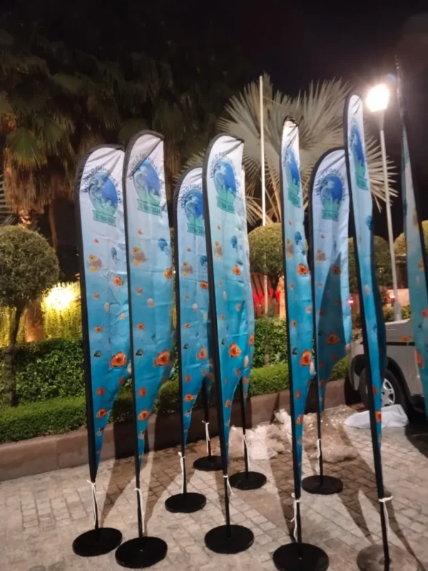 Set of outdoor flags installed outside a building
