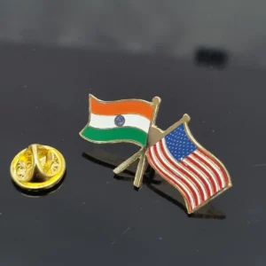 Lapel pin featuring crossed India and USA flags with a separate gold clasp