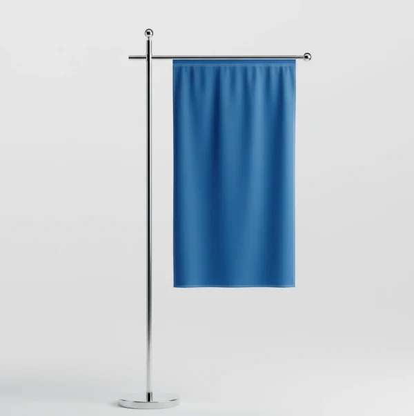 Blue color flag for advertising, supported by L-shaped Pole