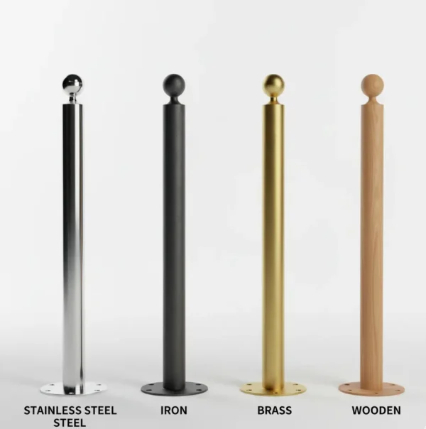 Four indoor flag poles in stainless steel, iron, brass, and wooden finishes