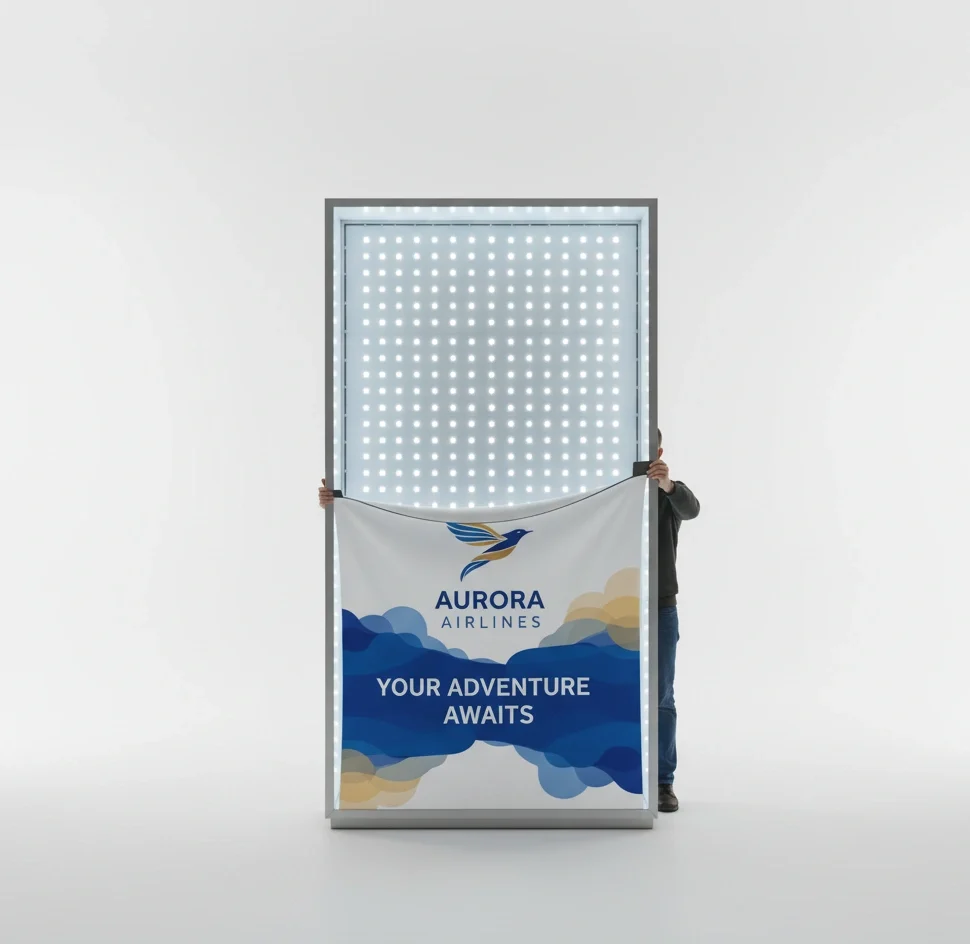 Fabric lightbox with illuminated SEG graphic in retail store