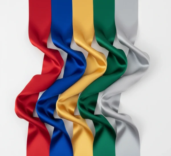 Colorful satin sashes displayed for pageant or ceremony