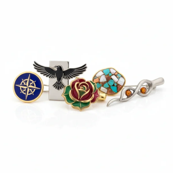 Decorative lapel pins featuring a compass, bird, rose, mosaic, and silver design