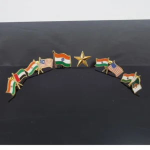 India flag lapel pins with various countries arranged in an arc around a gold star.