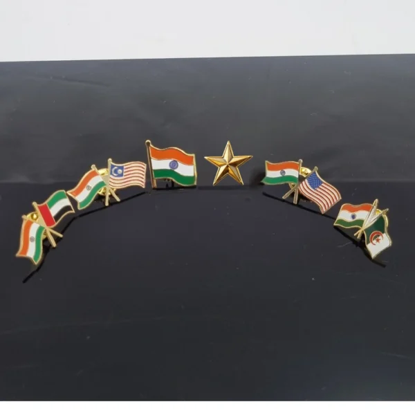 India flag lapel pins with various countries arranged in an arc around a gold star.