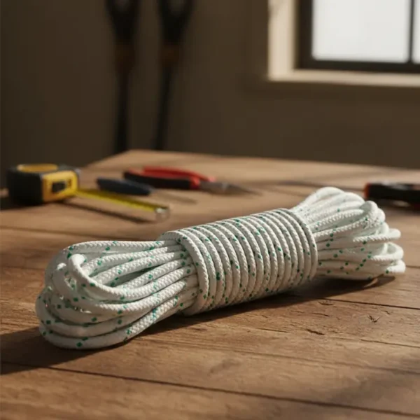 White polyester rope with green tracers placed on a table.