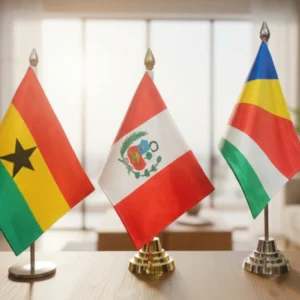 3 Table stands on a table holding Country Flags
