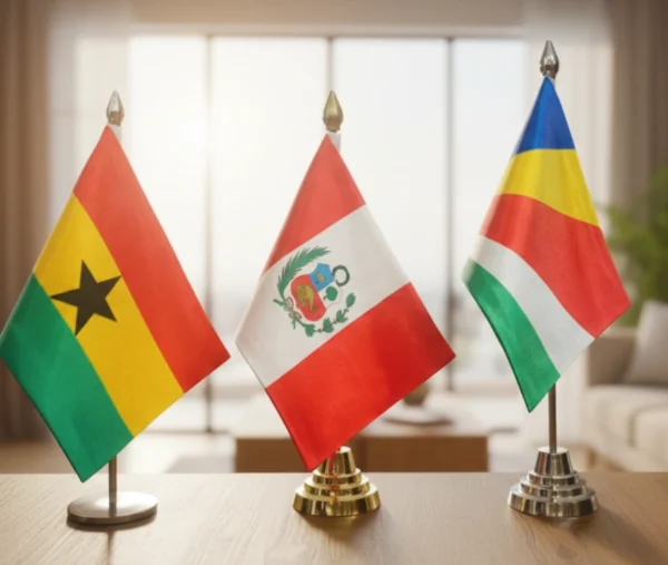 3 Table stands on a table holding Country Flags