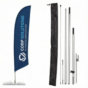 Feather Flag Pole Kit with printed blue banner and full pole components