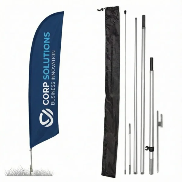 Feather Flag Pole Kit with printed blue banner and full pole components