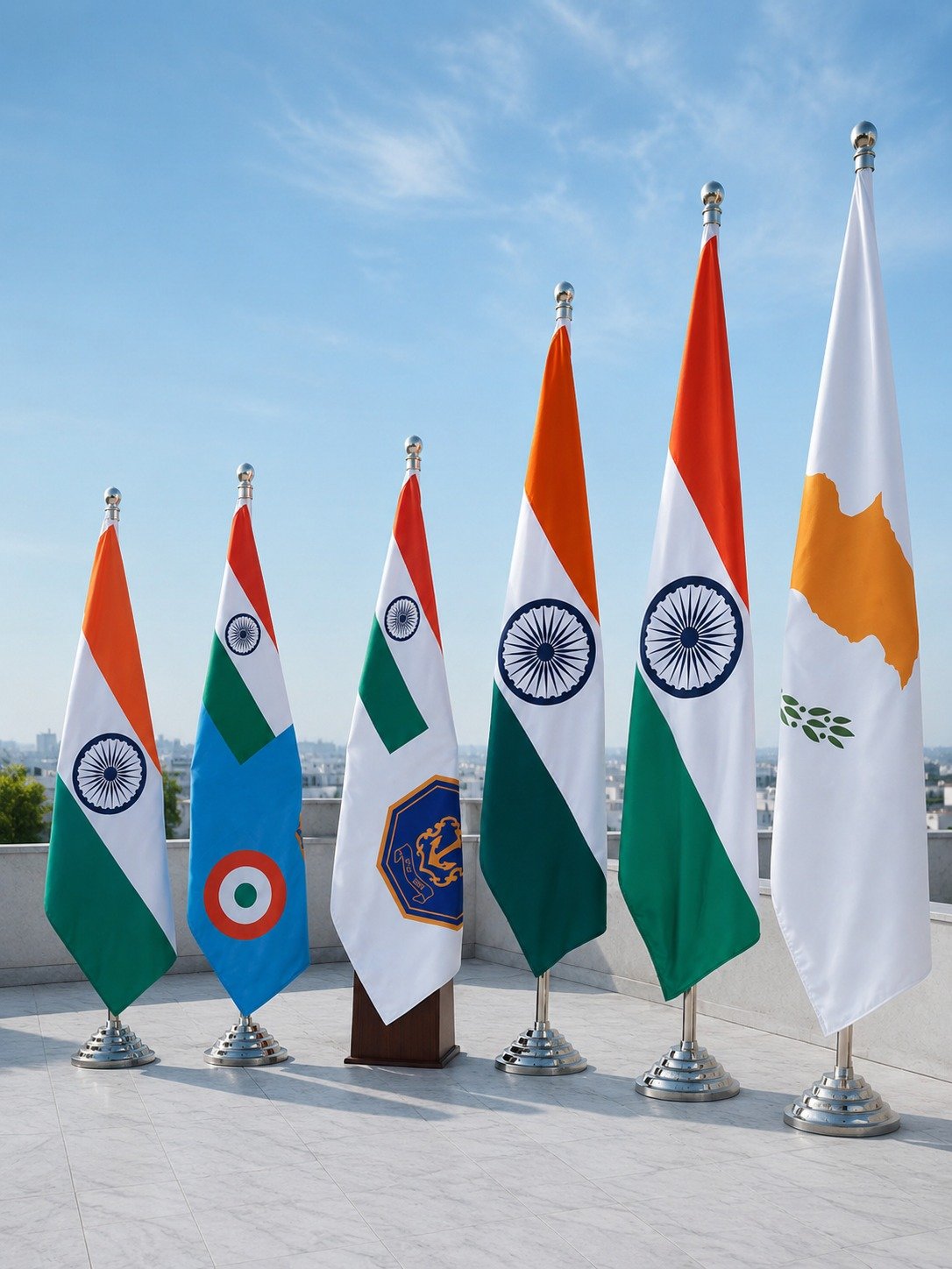 Custom outdoor flagpoles displaying official international and corporate flags for offices and business events.