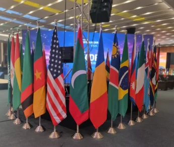 Display of multiple international flags representing global unity.