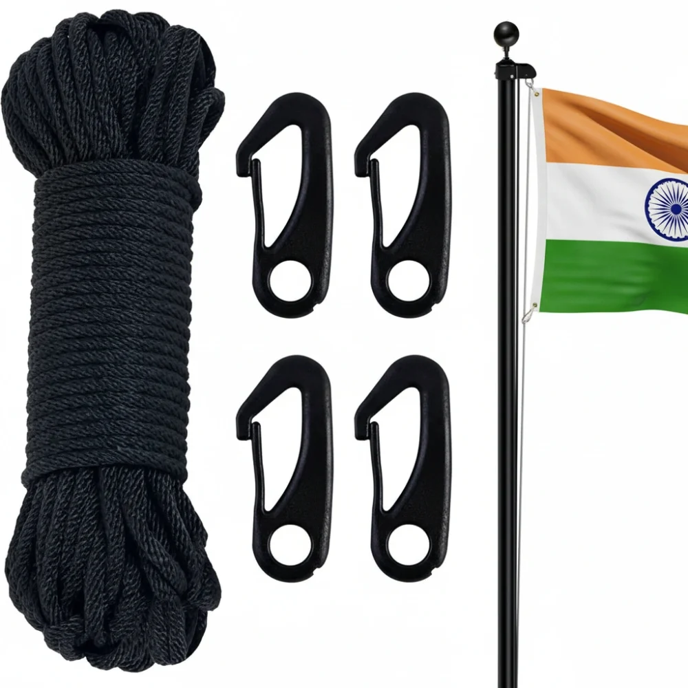 Flagpole pulley system with rope for raising flags