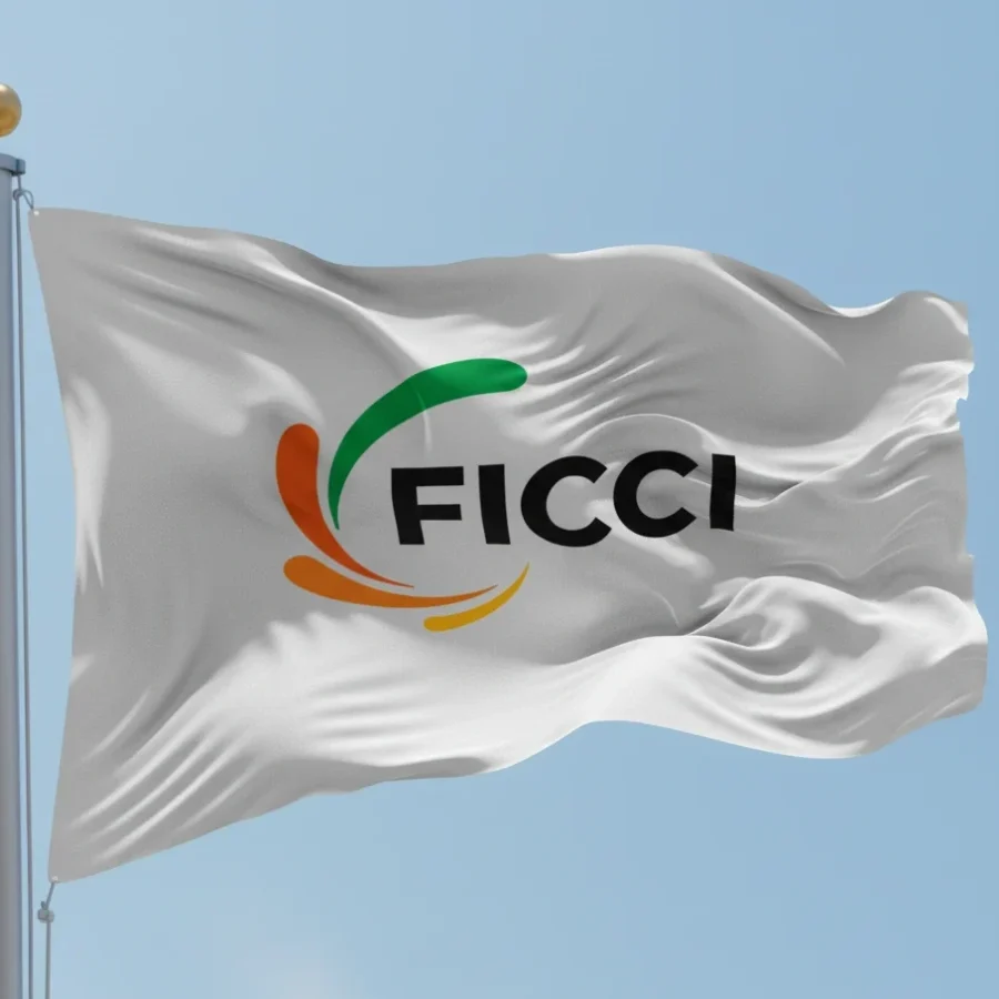 Outdoor durable corporate flag on pole with the Logo of FICCI