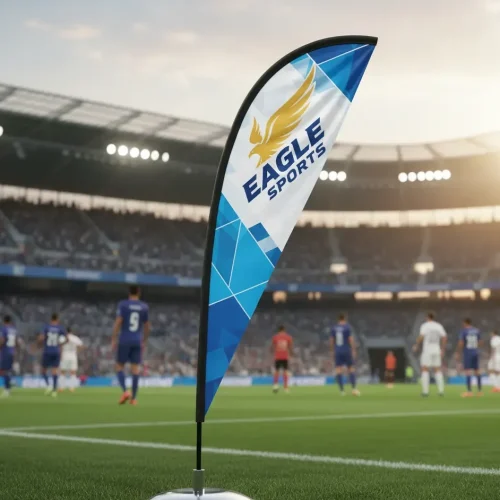 Sports flag showcased on a stand in an empty stadium